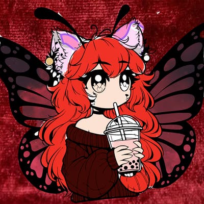 a realistic butterfly/furry girl drinking boba