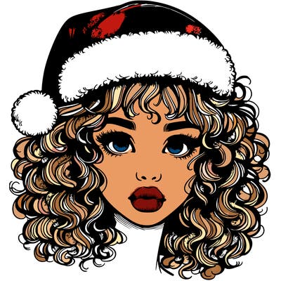 realistic girl with a santa hat curly hair and lips