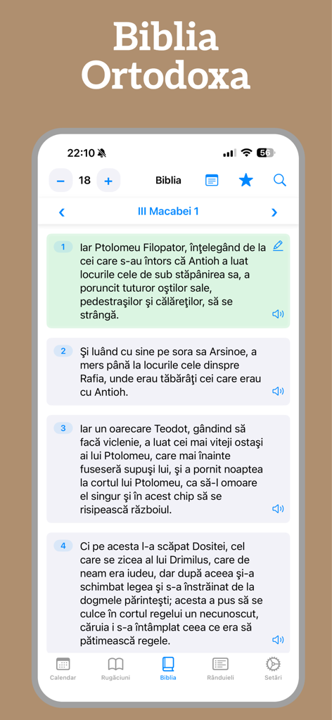 Calendar Ortodox 2026 - Lecteur numérique de la Bible roumaine avec des contrôles de taille de texte et des icônes audio dans l'application Calendrier Orthodoxe