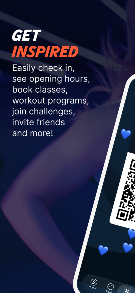 A screenshot of the SATS app showing a list of fitness features including gym check-in and class booking.
