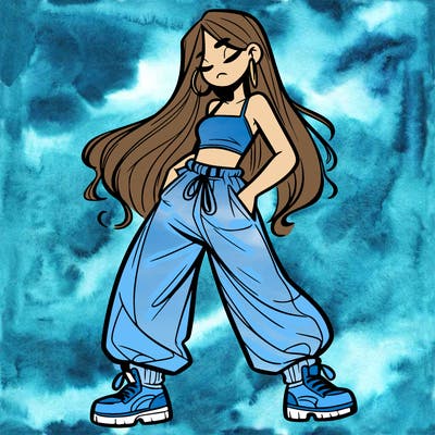 girl in baggy pants crop top and long hair
