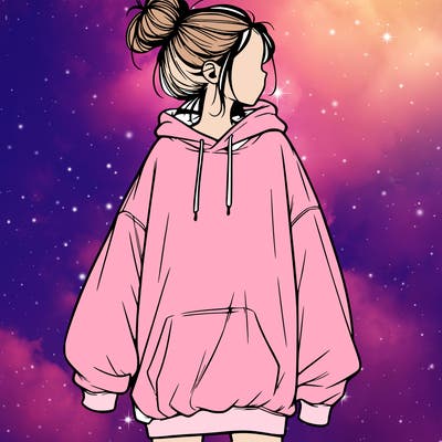 realistic girl with a oversized sweatshirt on and a bun