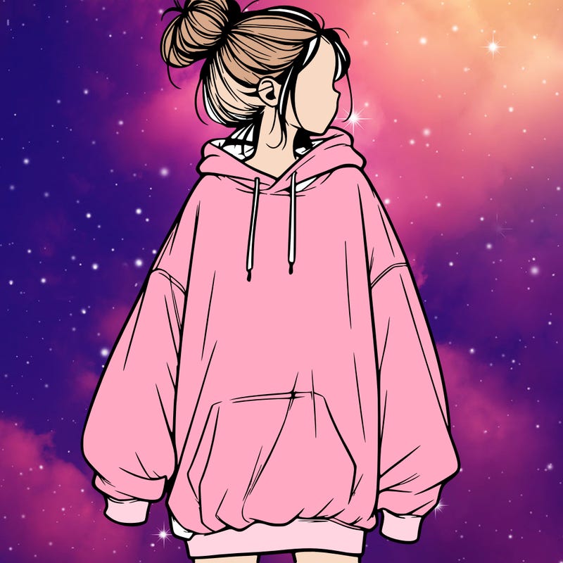 realistic girl with a oversized sweatshirt on and a bun