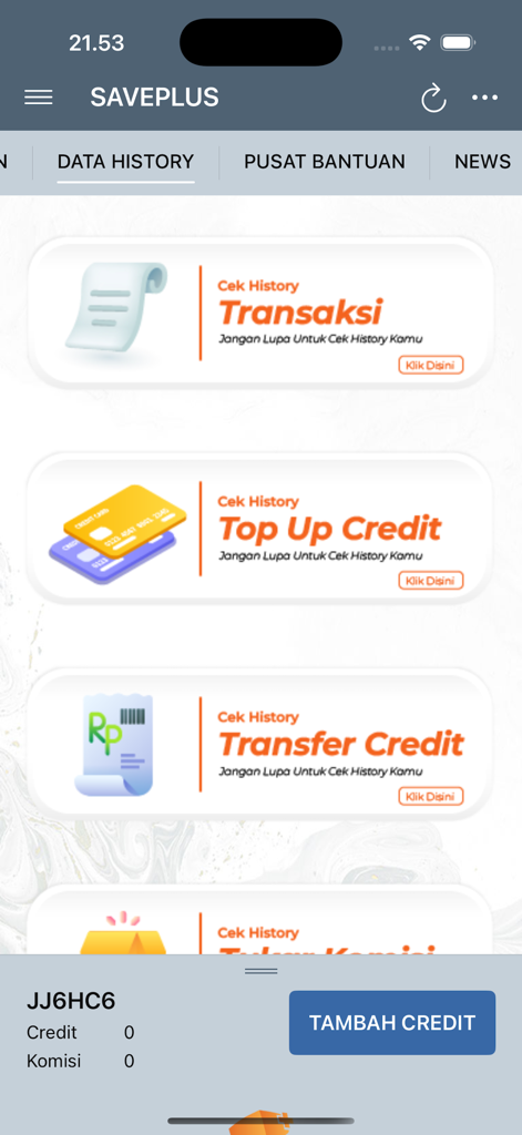 SAVEPLUS - SAVEPLUS mobile app data history page with categories for transactions top ups and credit transfers