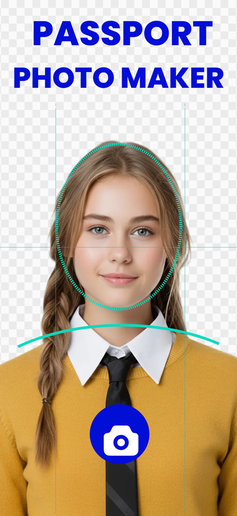 A woman using the Passport Photo maker app with alignment guides and camera button for a professional ID photo.
