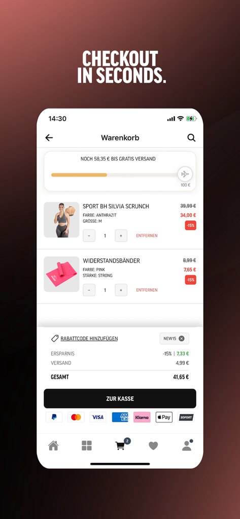 Smilodox - Carrito de compras de la app móvil Smilodox mostrando ropa de gimnasio y opciones de pago rápido.