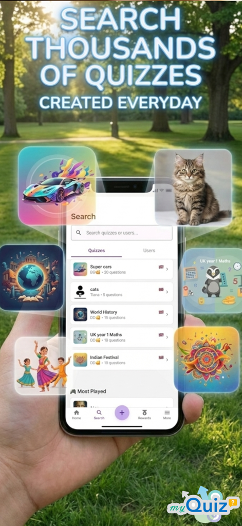Uma mão segurando um smartphone exibindo a interface de busca do aplicativo myQuiz com várias categorias de trivia.