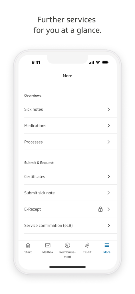 Uma captura de tela do TK-App mostrando serviços adicionais de seguro de saúde, como atestados médicos e medicamentos.