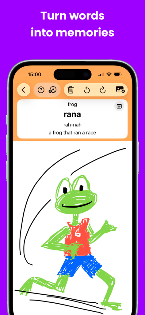 Drawn from Memory – Languages - A hand-drawn illustration of a running frog used as a visual mnemonic for the Spanish word rana