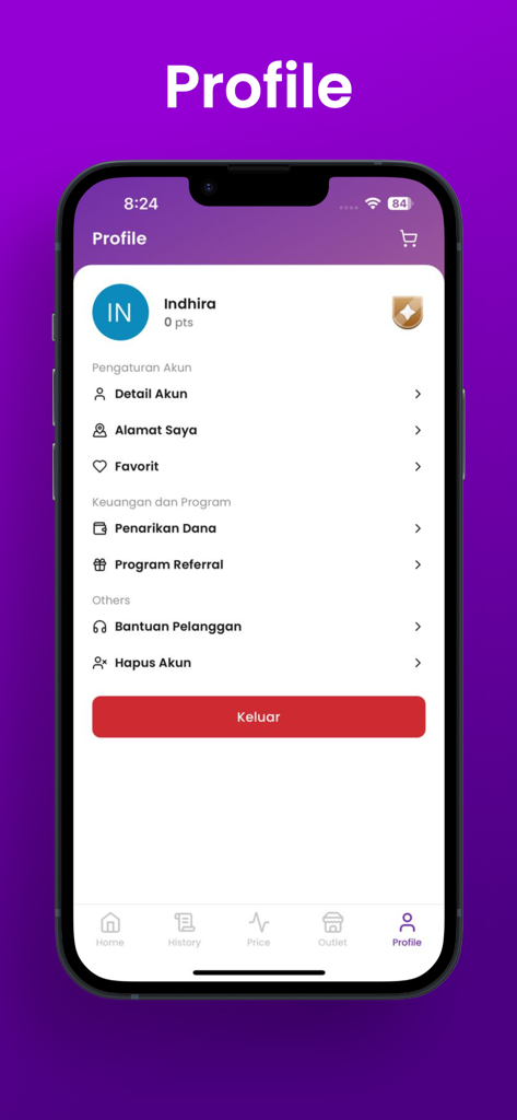 Raja Emas - Profile screen of the Raja Emas gold investment mobile application showing account settings and referral options.