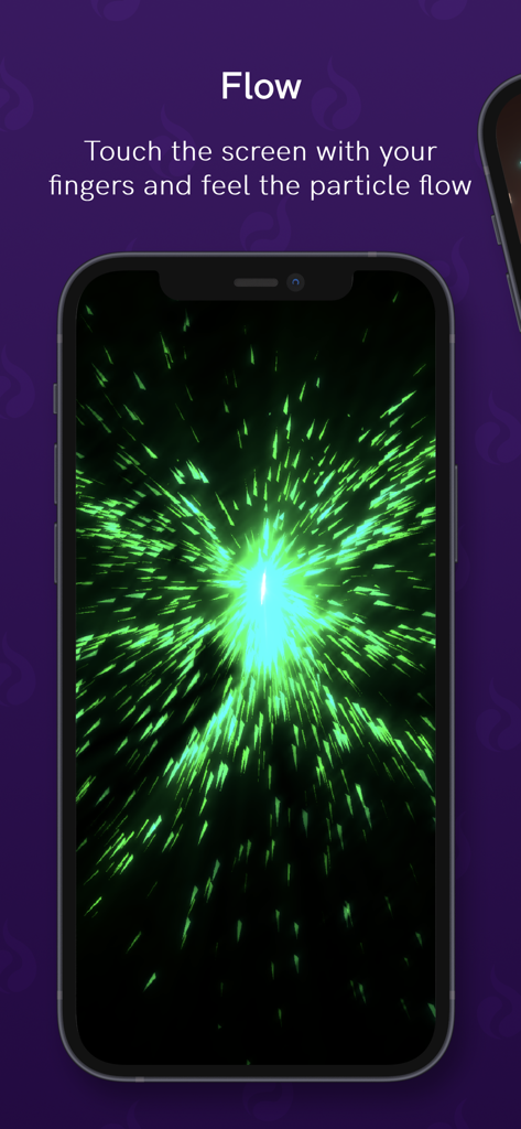 Particle Simulation - Flow Sim - A smartphone displaying a vibrant green glowing particle burst on a dark screen with the heading Flow