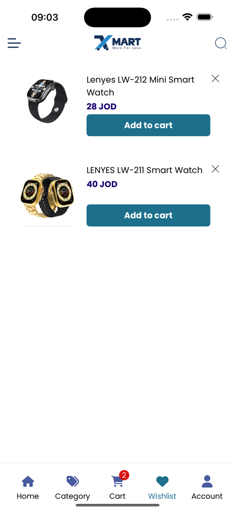 Xmart Jo - Xmart Jo app screen displaying Lenyes smartwatches with prices in JOD and add to cart buttons