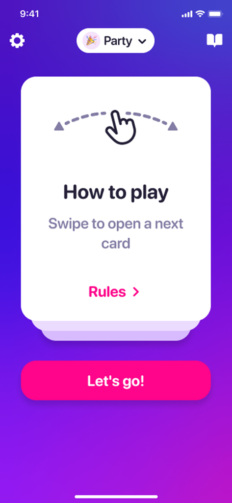 Sex Games: Dating, Chat, Quiz - Anleitung für das 'Nie zuvor in meinem Leben'-Partyspiel, die zeigt, wie man für die nächste Karte wischt.