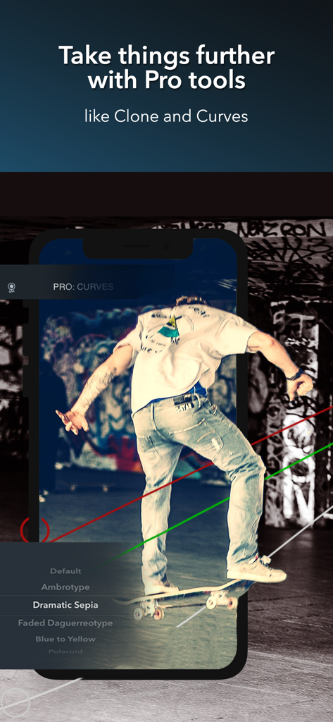 Interfaz de la aplicación Ribbet mostrando herramientas de edición profesionales con un menú de ajuste de curvas y una foto de un skater
