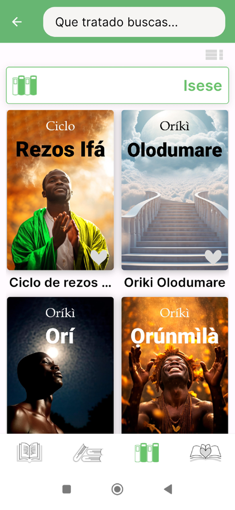 Interface da biblioteca do aplicativo Tratados Ifá Òrìshà exibindo vários eBooks espirituais como Rezos Ifá e Oriki Olodumare