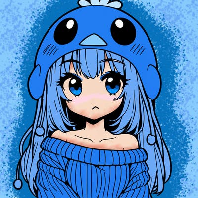 anime girl with chick shaped hat with sweater with bare shoulders with bangs covering them one eye with low tail