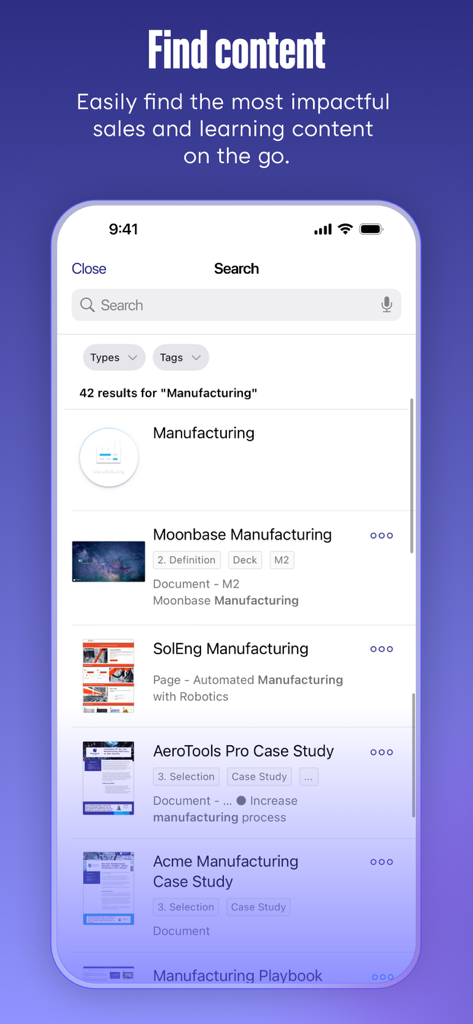 Showpad eOS® - Showpad eOS app search screen displaying sales and learning content results