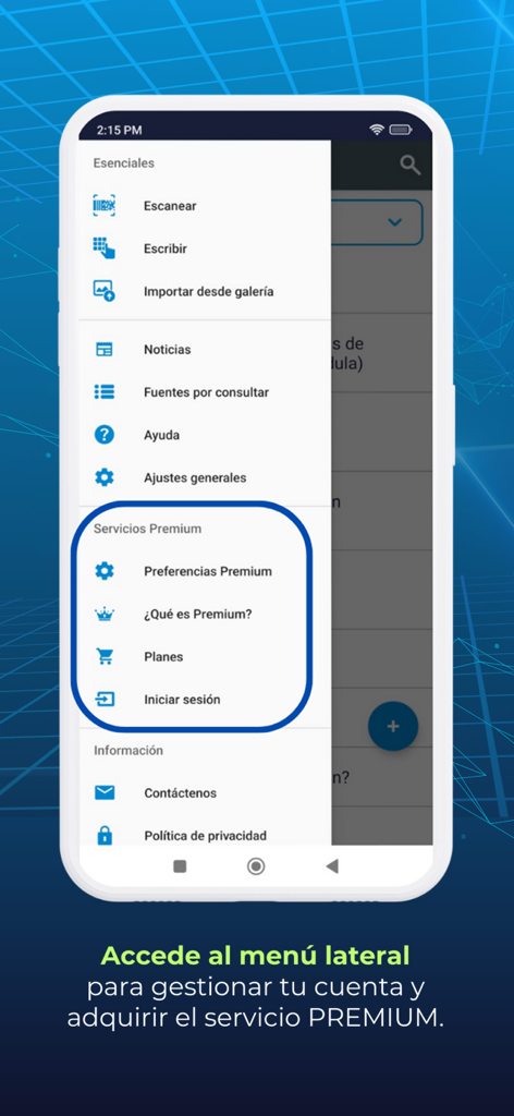 Verifiquese Cedula - プレミアムサービスオプションを強調表示するVerifíquese Cédulaアプリのサイドナビゲーションメニュー。