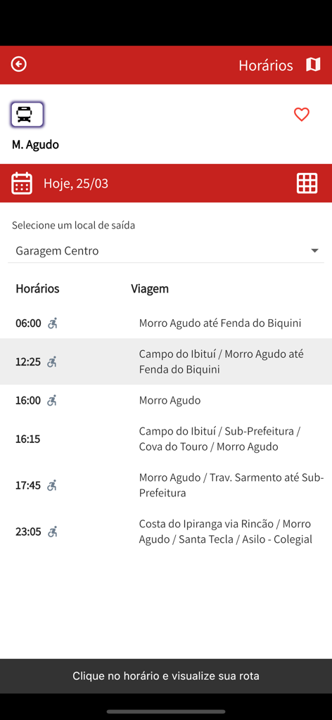 Interface do aplicativo SOGIL Linhas mostrando horários de partida de ônibus com ícones de acessibilidade e detalhes da rota.