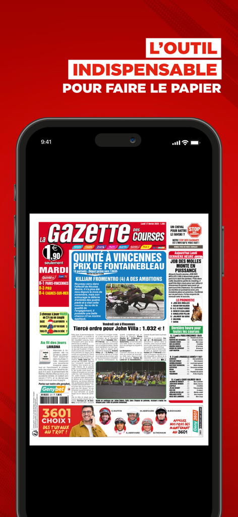 Digital newspaper interface of La Gazette des Courses horse racing app on a smartphone screen