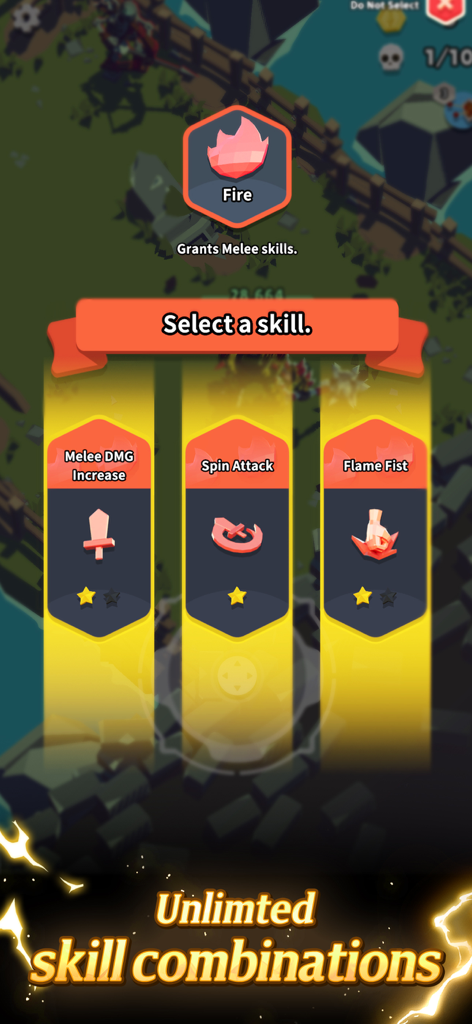 God Breaker: Roguelike ARPG - God Breaker roguelike ARPG skill selection screen featuring fire elemental melee skills like Flame Fist and Spin Attack