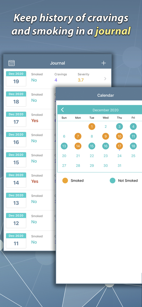 Quit Smoking Helper - Stop Now - Journal and calendar screens in the Quit Smoking Helper app for tracking daily smoking history and cravings