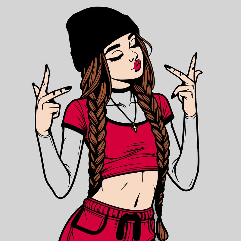 realistic teenage girl with braids and a beanie and crop top doing 🫶🏼