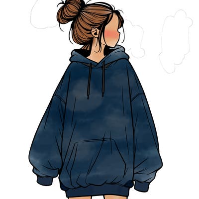 realistic girl with a oversized sweatshirt on and a bun