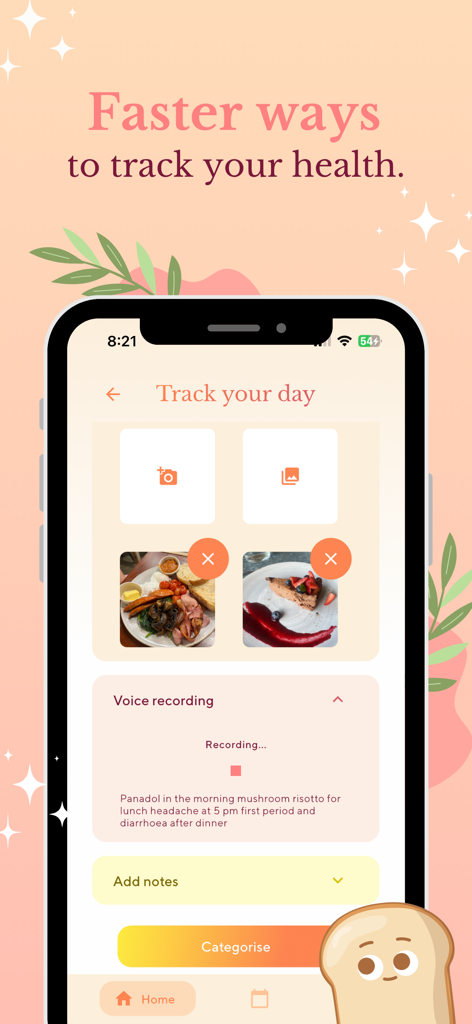 Toastie - Health Tracker - Toastie app screen showing photo and voice recording features for easy health tracking.