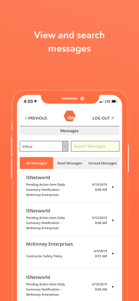 ISNetworld - ISNetworld app messages inbox with search and filtering options