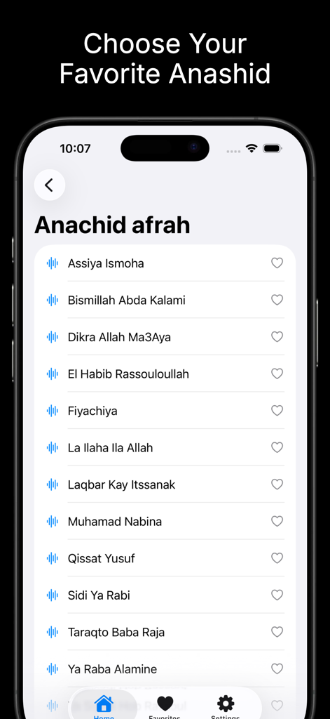 Minimalist list of Islamic Anashid tracks on the NoorSounds mobile app screen