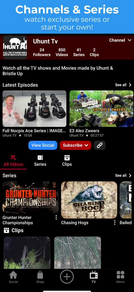 Interfaccia dell'app Uhunt 2.0 che mostra canali TV di caccia esclusivi e serie di video.