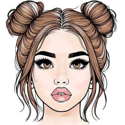 realistic girl with two buns on her hair and lips