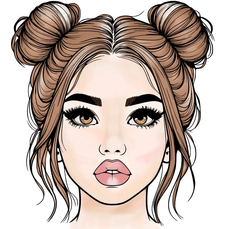 realistic girl with two buns on her hair and lips
