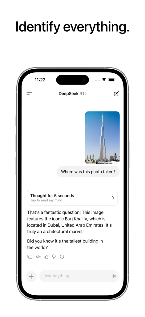 Local AI Chat - pocket - Local AI Chat pocket app interface showing image identification of the Burj Khalifa using DeepSeek AI