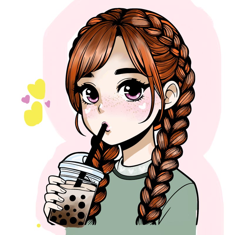 realistic girl with braided hair drinking boba