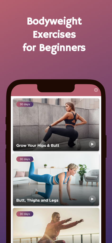 Mobile App-Oberfläche, die Anfänger-Workout-Routinen mit Körpergewicht für Hüften und Gesäß anzeigt