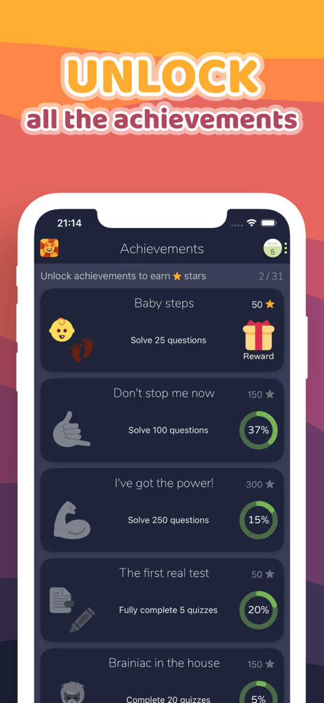 Emoji Quiz Master - Una lista de logros y barras de progreso en el menú de logros de la aplicación Emoji Quiz Master.
