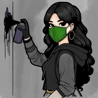 realistic girl with mask spray painting a wall