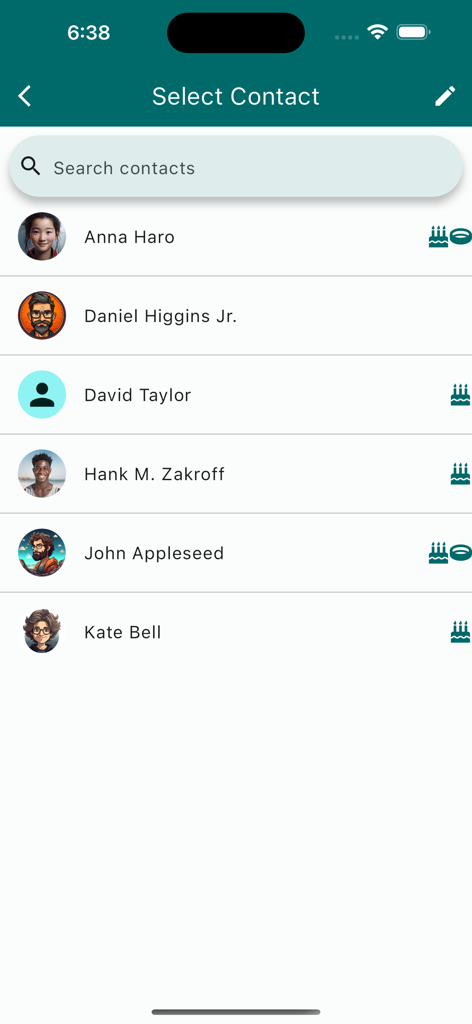 myDays ( Birthday+ ) - A tela Selecionar Contato no aplicativo myDays mostrando uma lista de contatos com ícones de aniversário e datas especiais