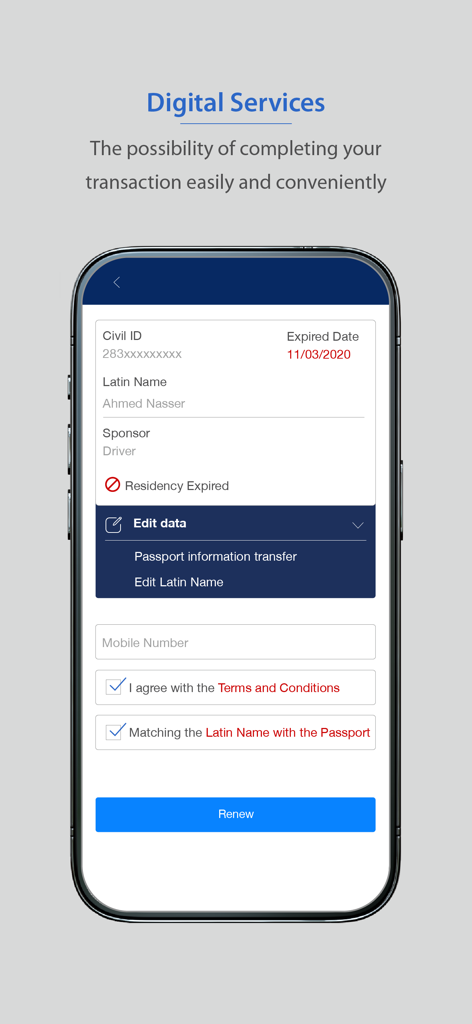 A smartphone screen showing the MOI Kuwait app digital services interface for residency renewal and data editing.