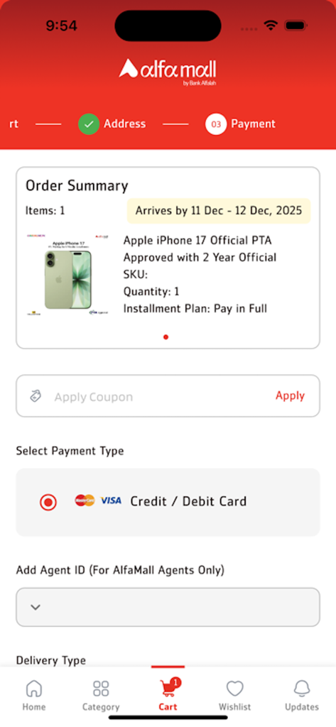 Checkout and payment screen in the Alfamall shopping app showing an order summary for a smartphone