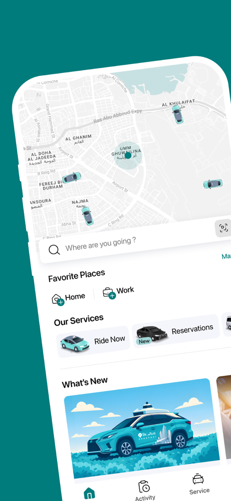 Karwa Official app dashboard showing a live map with available vehicles, a destination search bar, and options for ride booking and reservations in Qatar.