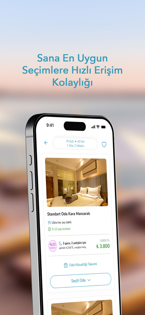 Gezinomi - Pantalla de smartphone que muestra la interfaz de la aplicación Gezinomi con una lista de habitaciones de hotel y precios todo incluido para unas vacaciones en Turquía.