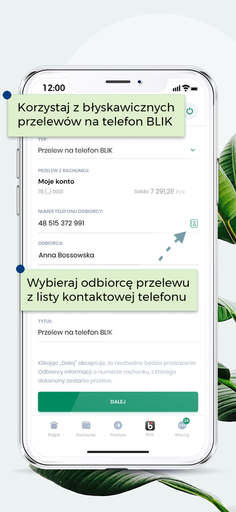BOŚBank24 - BOŚBank24 mobile app showing the BLIK phone transfer interface on an iPhone with options to select contacts.