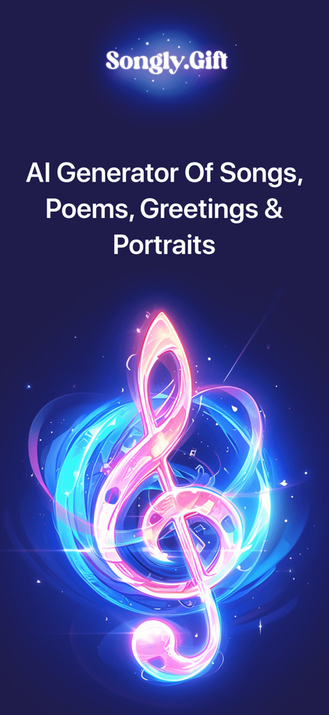 A vibrant glowing treble clef representing Songly AI song and poem generator.