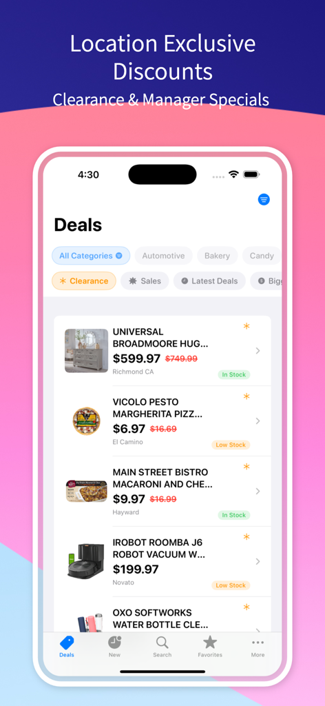 Warehouse Runner app interface displaying location-exclusive clearance items and manager special discounts.