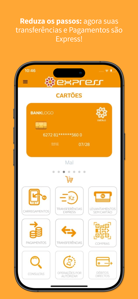 MULTICAIXA Express mobile app interface showing a digital debit card and banking service icons like transfers and payments