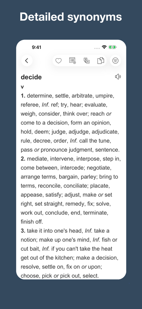 English Synonym Finder - Screenshot der Englischen Synonym-Finder-App, der eine umfassende Liste von Synonymen und Definitionen für das Wort 'decide' anzeigt.