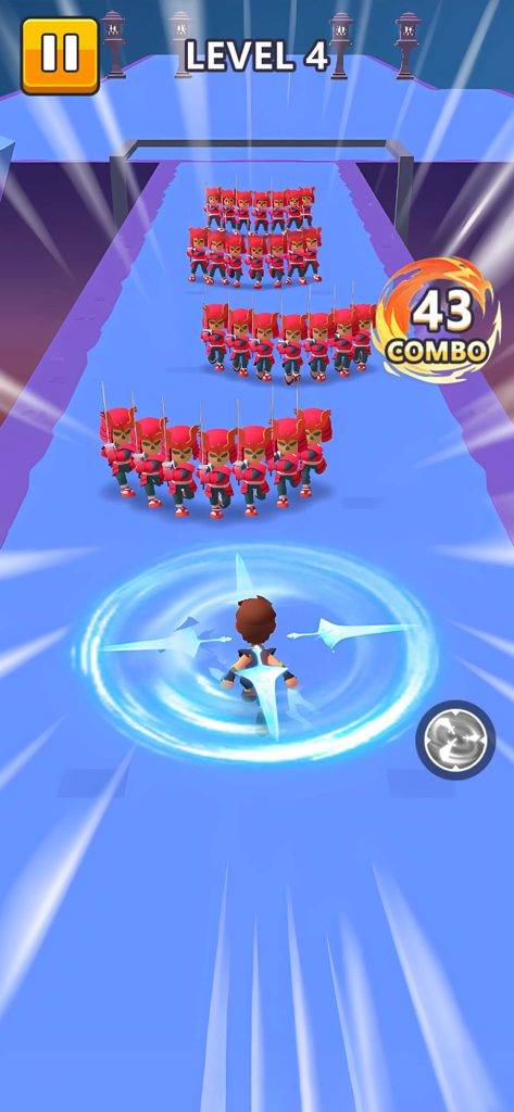 Blade Force 3D - Samurai character performing a spinning blade attack against enemy soldiers in Blade Force 3D